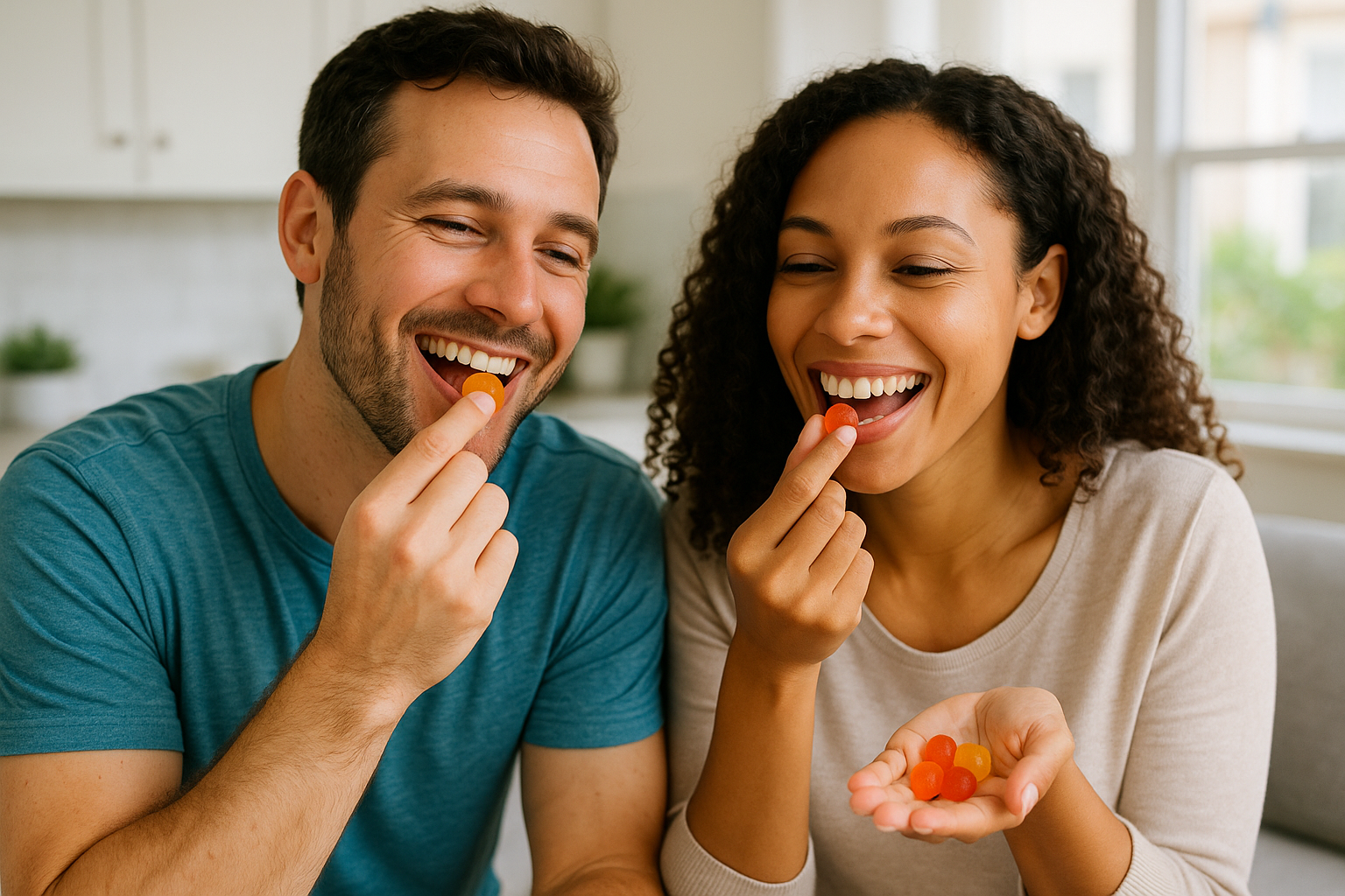 Jolie couple qui mange des complement alimentaire en gummies