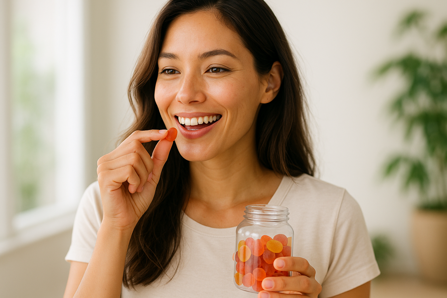 Jolie femme qui mange des complement alimentaire en gummies